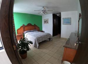 a bedroom with a bed with a green wall at Casa San Antonio in Aguascalientes