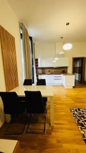 cocina con mesa y sillas en una habitación en Apartment Holesovice, garden, garage, en Praga