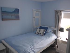 een blauwe slaapkamer met een bed met een kussen erop bij Dolfor in Nefyn