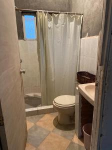 uma casa de banho com um chuveiro, um WC e um lavatório. em Cabañas charolet em Camotepec
