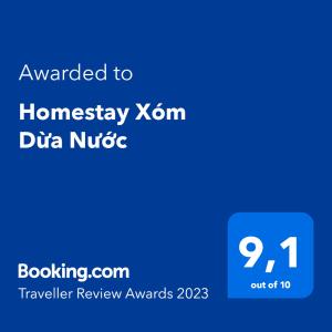 Chứng chỉ, giải thưởng, bảng hiệu hoặc các tài liệu khác trưng bày tại Homestay Xóm Dừa Nước