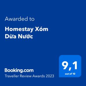 Certifikát, hodnocení, plakát nebo jiný dokument vystavený v ubytování Homestay Xóm Dừa Nước