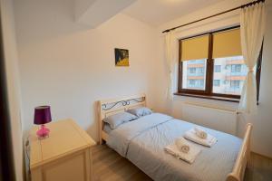 Un dormitorio pequeño con una cama y una ventana. en Cozy 3 Bedroom Apartments In Centre of Iasi Palas Mall, en Iaşi