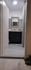uma casa de banho com um lavatório e um espelho na parede em Pension Alex Magdeburg em Magdeburg