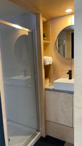 a bathroom with a shower and a sink at Micro maison le Nordik in Saint Zenon