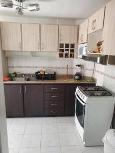 Il comprend une cuisine équipée d'une cuisinière et d'un four blanc. dans l'établissement Acogedor Apartamento Completo 2 Recamaras 2 Baños., à Panama City