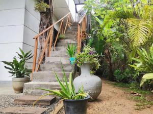 uma escadaria com um grande vaso com flores em Nilupul Villa em Ambalangoda