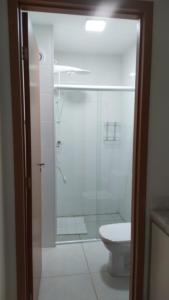 ein Bad mit einer Dusche und einem WC in der Unterkunft Studio em Cachoeira Paulista in Cachoeira Paulista