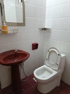 a bathroom with a sink and a toilet and a mirror at Cosy and family friendly house in Sungai Petani