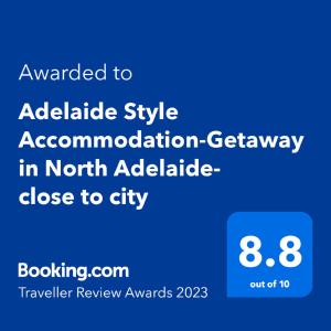 Certifikát, hodnocení, plakát nebo jiný dokument vystavený v ubytování Adelaide Style Accommodation-Getaway in North Adelaide- close to city