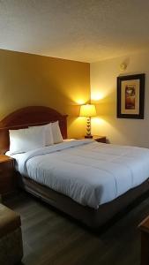 a large bed in a hotel room with a lamp at SilverStone Lite in Sunnyside