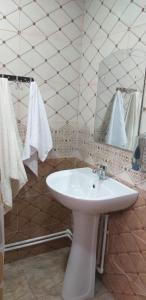 a bathroom with a white sink and a mirror at GALA Guesthouse in Alaverdi