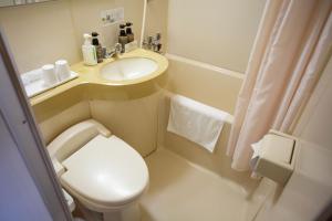 函館的住宿－啄木地酒店，一间带卫生间和水槽的小浴室