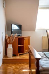 ein Wohnzimmer mit einem TV und einer Vase mit einer Pflanze in der Unterkunft LAGOJA b&b in Trzin