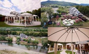 a collage of four pictures of a mansion with an umbrella at Pensiunea Casa Doamnei Voronet in Gura Humorului