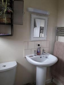 a bathroom with a sink and a toilet and a mirror at Escape to the Country in wonderful Worcestershire in Ombersley