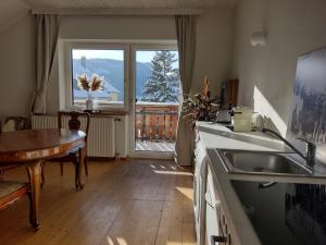 a kitchen with a sink and a table and a window at sechzehnerhaus in Mariazell