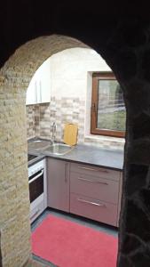 a kitchen with a sink and a counter top at La Boier in Bălţi