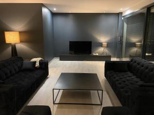 een woonkamer met 2 banken en een televisie bij La Villa Blanche in Saint-Cézaire-sur-Siagne