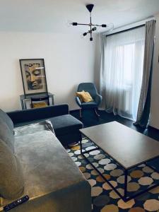 - un salon avec un canapé et une table dans l'établissement Aparthotel City Center Targu Ocna, à Tîrgu Ocna