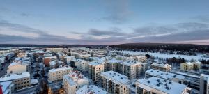 une vue aérienne sur une ville avec des bâtiments recouverts de neige dans l'établissement Arctic River Chalet, à Rovaniemi