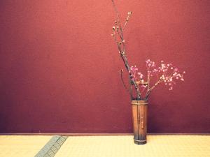 a vase with flowers in it in front of a red wall at ゆいまーるEAST - Yuimaru East in Kanazawa