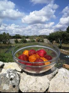 un cesto di frutta seduto su rocce di Villa Salentina Con Ampio Giardino vicina al mare a San Foca