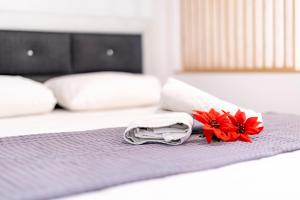 Posteľ alebo postele v izbe v ubytovaní TwinStars Superior Apartment