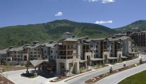 arial view of a resort with a mountain in the background at Silverado Lodge by Park City - Canyons Village in Park City