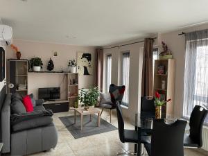 salon z kanapą i stołem w obiekcie Nyíl Apartman wellnes w Debreczynie