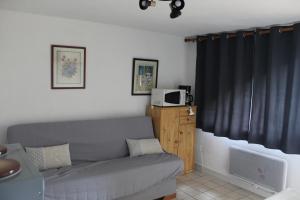 a living room with a couch and a microwave at Appartement Lac de Payolle in Campan