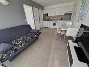 uma sala de estar com um sofá e uma mesa com cadeiras em Beness'Appart 5km Capbreton em Bénesse-Maremne