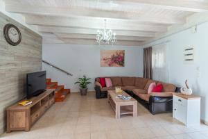 a living room with a couch and a tv at Posidonia Luxury Villas Kolympia in Kolymbia