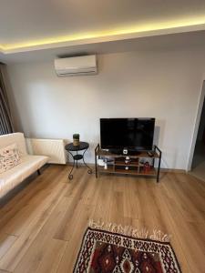 uma sala de estar com uma televisão e um sofá em Newly decorated Apartment close to Şişli metro in Istanbul em Istambul