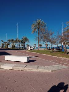 een witte bank in een park met palmbomen bij DOROTHY Apartamento Playa de Gandia con vistas al mar 8 personas in Gandía