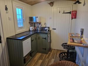 a small kitchen with a counter and a sink at North Muasdale Farm - Byre View in Muasdale