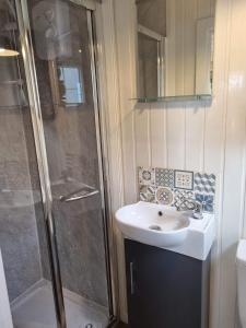 a bathroom with a sink and a shower at North Muasdale Farm - Byre View in Muasdale