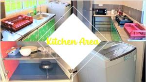 a kitchen area with a counter and a washing machine at A&W Homestay, Vista Perdana, Miri in Miri