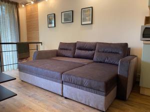 a brown couch sitting in a living room at Kalnas II apartaments in Juodkrantė