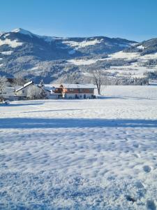 un campo cubierto de nieve con una casa en la distancia en Berg Apartment Barbara, en Hopfgarten im Brixental