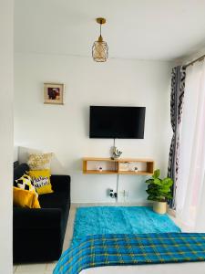 uma sala de estar com um sofá preto e uma televisão de ecrã plano em Lynne’s Cozy studio em Nairobi