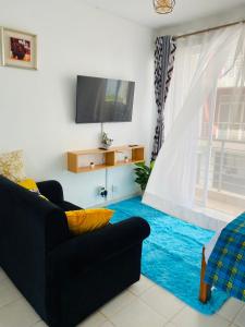 a living room with a black couch and a blue rug at Lynne’s Cozy studio in Nairobi