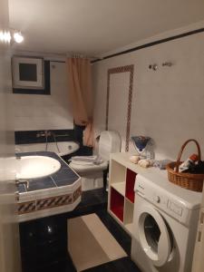 y baño con lavamanos y lavadora. en Elegante apartamento centrale, en Tríkala