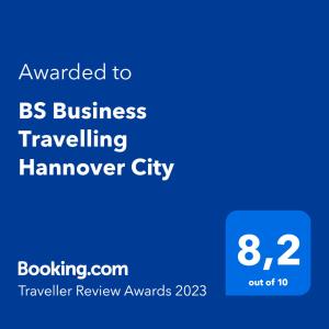 Majutusasutuses BS Business Travelling Hannover City olev sertifikaat, autasu, silt või muu dokument