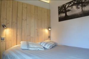 ein Bett mit zwei Kissen in einem Zimmer mit Holzwänden in der Unterkunft Bretzel & Raisin - Hypercentre de Colmar in Colmar