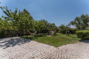 un patio trasero con una hamaca en el césped en Contemporary countryside haven in Mangualde en Mangualde