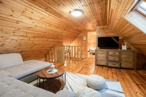 ein Wohnzimmer mit einem Sofa und einem TV in der Unterkunft Chalet Markoci With Hot Tub - Happy Rentals in Rakovica