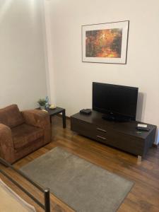 Apartament Szaława في كاليش: غرفة معيشة مع أريكة وتلفزيون بشاشة مسطحة