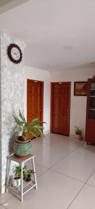 een kamer met een plant op een tafel en twee deuren bij Sugamya Corner Guesthouse in Mysore