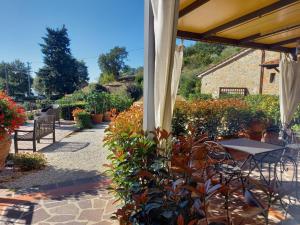 eine Terrasse mit einem Tisch, Stühlen und Pflanzen in der Unterkunft Agriturismo Poggio de Papi in Cantagrillo